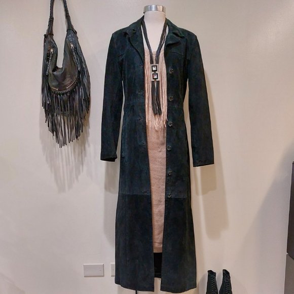 🍂HOST PICK🍁💋STUNNING BOHO CHIC💋 VTG 70s Genuine Leather Maxi Trench in Black - Picture 14 of 15